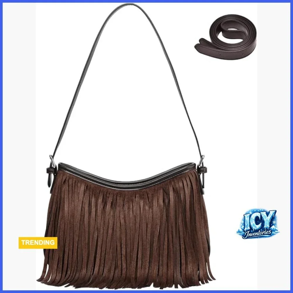 Vegan Suede Fringe Hobo Bag with Detachable Straps Crossbody Shoulder